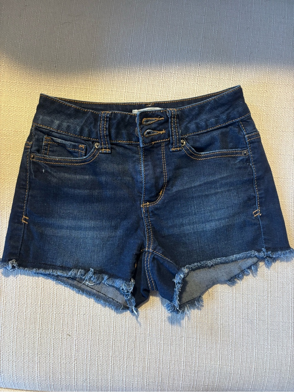 Mudd FLX Stretch Dark Blue Frayed Hem Denim Shorts